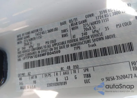 2021 Ford F150 Platinum from USA, damaged, VIN 1FTFW1E88MFB04509